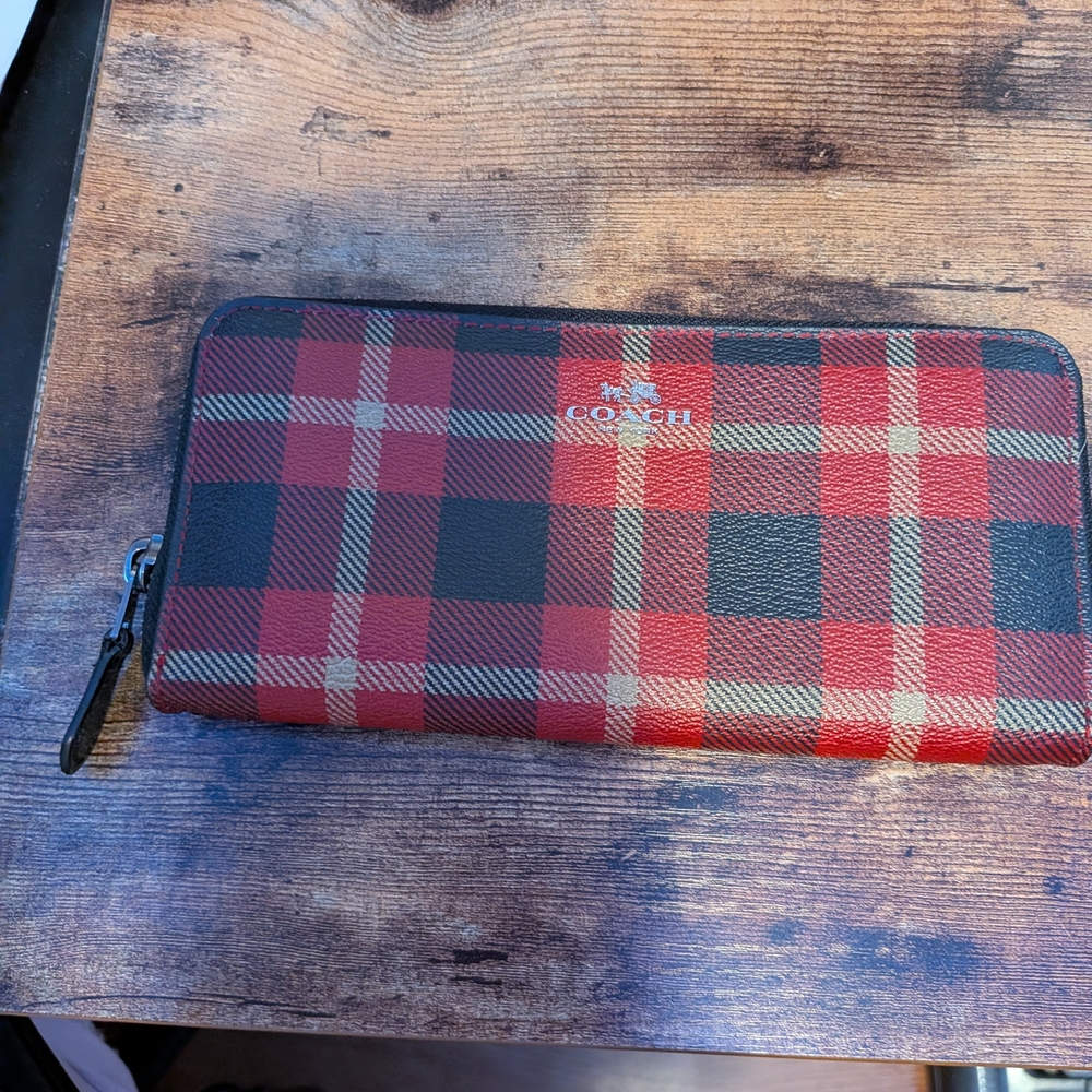 Coach Red Plaid Zip-Around Wallet